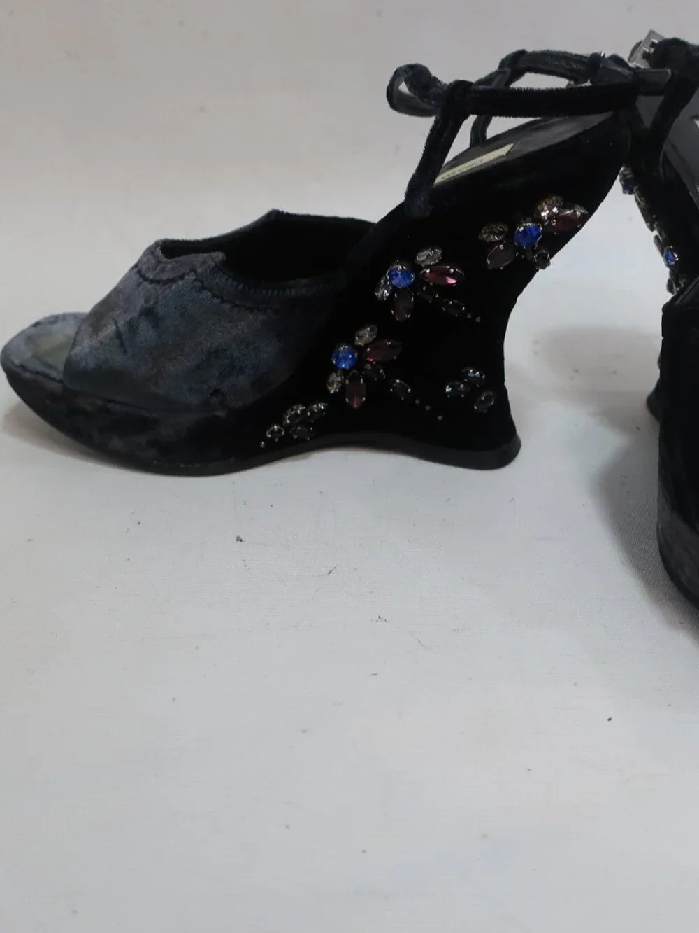 Womens Prada Dragonfly Black Rhinestone Embellished Platform Wedge Heels 37 US/7